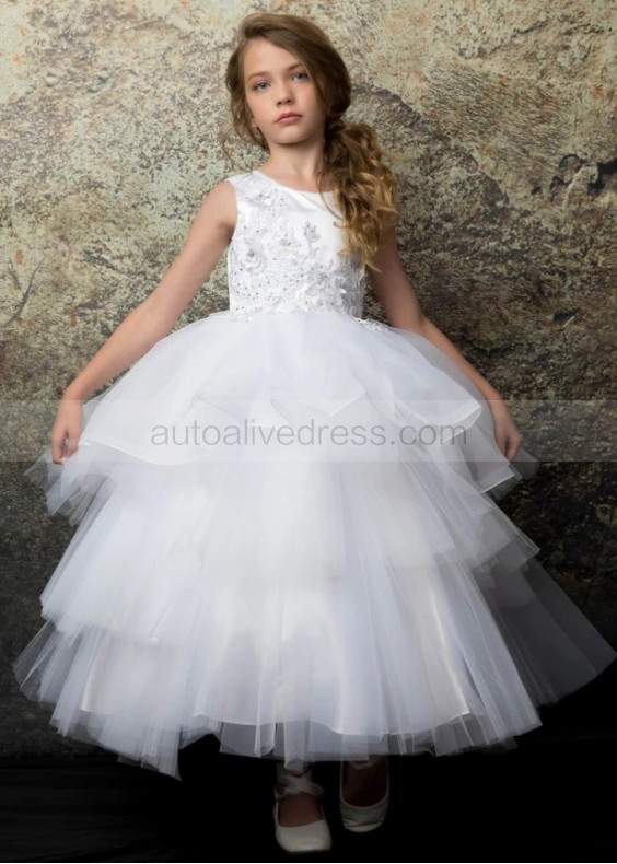 Beaded White Lace Tulle Layered Flower Girl Dress